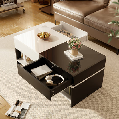 Salontafel – Koffietafel – Bijzettafel – Woonkamertafel – Tafel – Zwart Wit Design – 2 Laden Opbergruimte – Hoogglans 100 cm