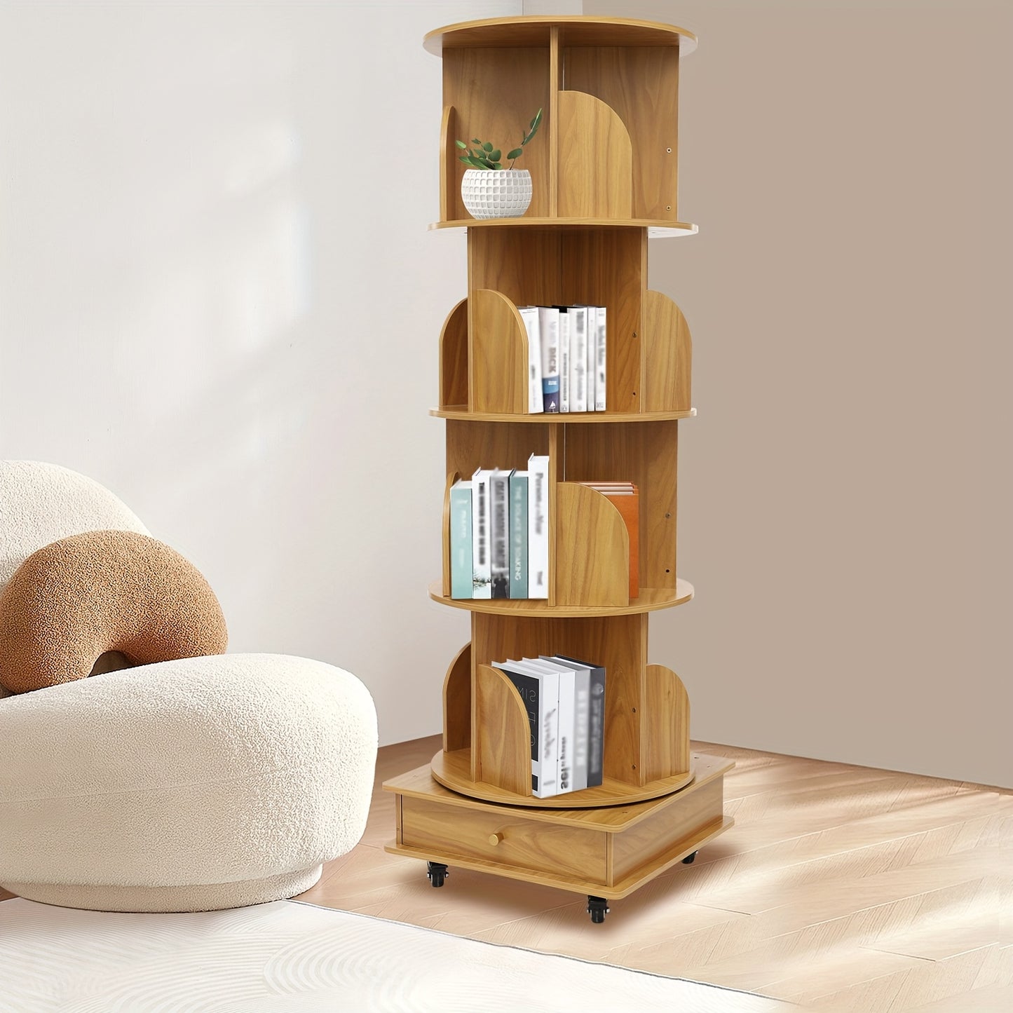 Boekenplank – Boekenrek – Wandplank – Boekenkast – Opbergmeubel – Draaibaar 360° – Massief Hout – 4 Lagen – Verrijdbaar – Compact 46x46x142 cm