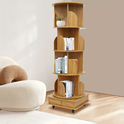 Boekenplank – Boekenrek – Wandplank – Boekenkast – Opbergmeubel – Draaibaar 360° – Massief Hout – 4 Lagen – Verrijdbaar – Compact 46x46x142 cm
