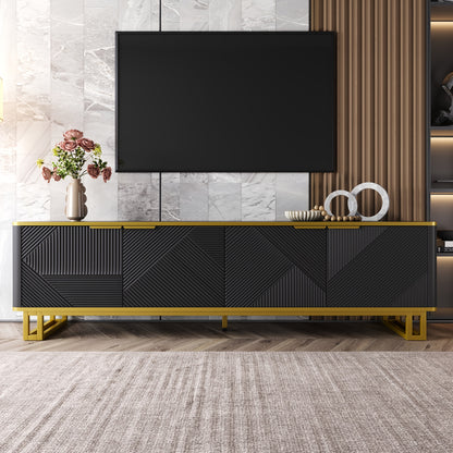 Modern Low-Profile 4-Door TV Stand Cabinet with Geometric Texture Panel Doors - Non-Wood TV Entertainment Center Suitable for Flat-Screen TVs, Easy Assembly, Space-Saving Design