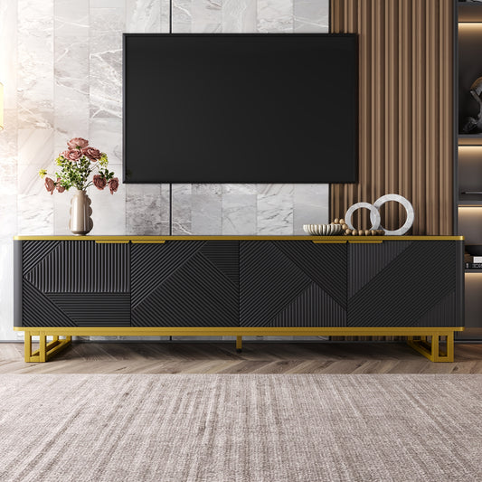Modern Low-Profile 4-Door TV Stand Cabinet with Geometric Texture Panel Doors - Non-Wood TV Entertainment Center Suitable for Flat-Screen TVs, Easy Assembly, Space-Saving Design