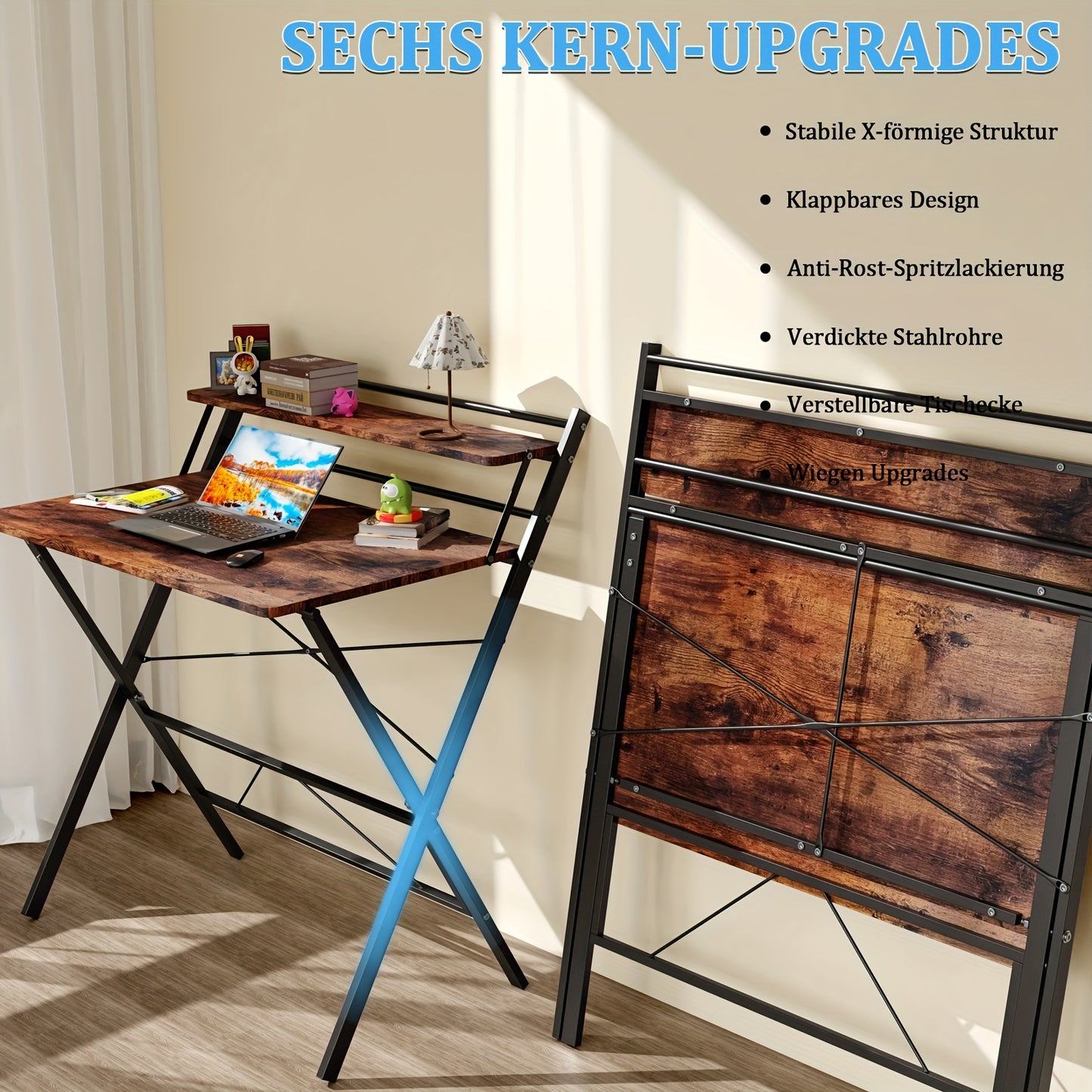 Bureau – Computerbureau – Bureautafel – Werkplek – Opvouwbaar – Ruimtebesparend – Stevig Legeringsstaal Frame – Ingebouwde Plank en Monitorstandaard