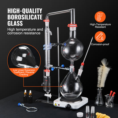 Essentiële Olie Distilleerketel – Destillatieset – Olie Extractieapparaat – Aroma Destillatie Kit – Borosilicaat Glas Set – 2000 ml Inhoud – 1000W Elektrische Verwarmingsplaat