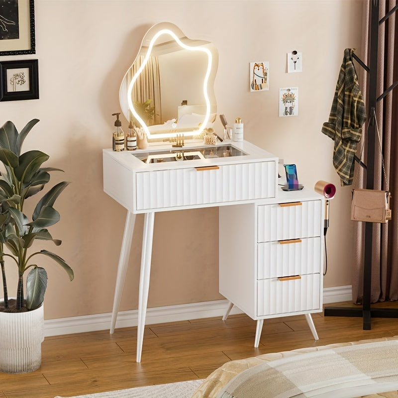 Make-up Tafel – Visagie Tafel – Schoonheidstafel – Kaptafel – Dressing Tafel – Wit – 4 Laden – Onregelmatige Spiegel – Glazen Blad – Föhnhouder – 80x40x128 cm – Houten Materiaal