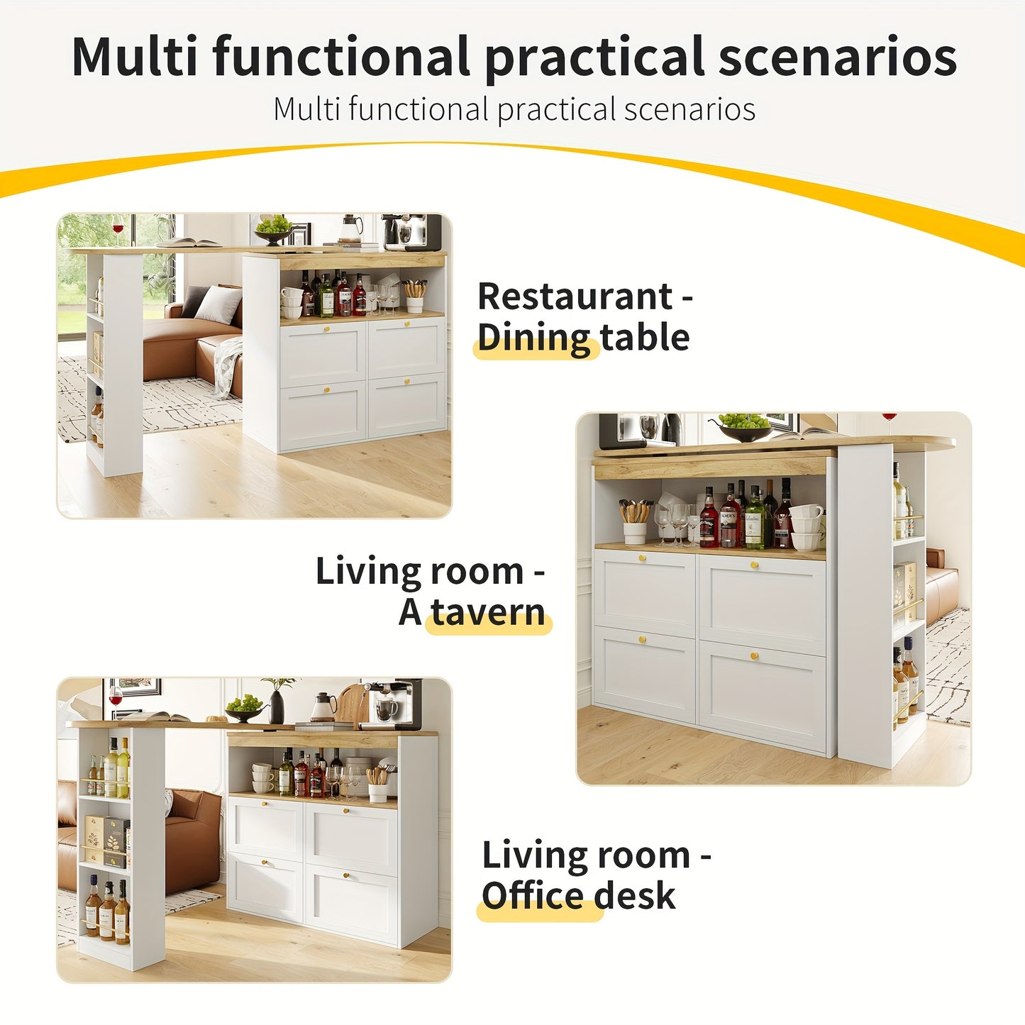 Barkast – Drankkast – Wijnkast – Buffetkast – Barkast Op Wieltjes – 360° Draaibaar – 4 Lades + Open Planken – Wit – 105x39x102 cm