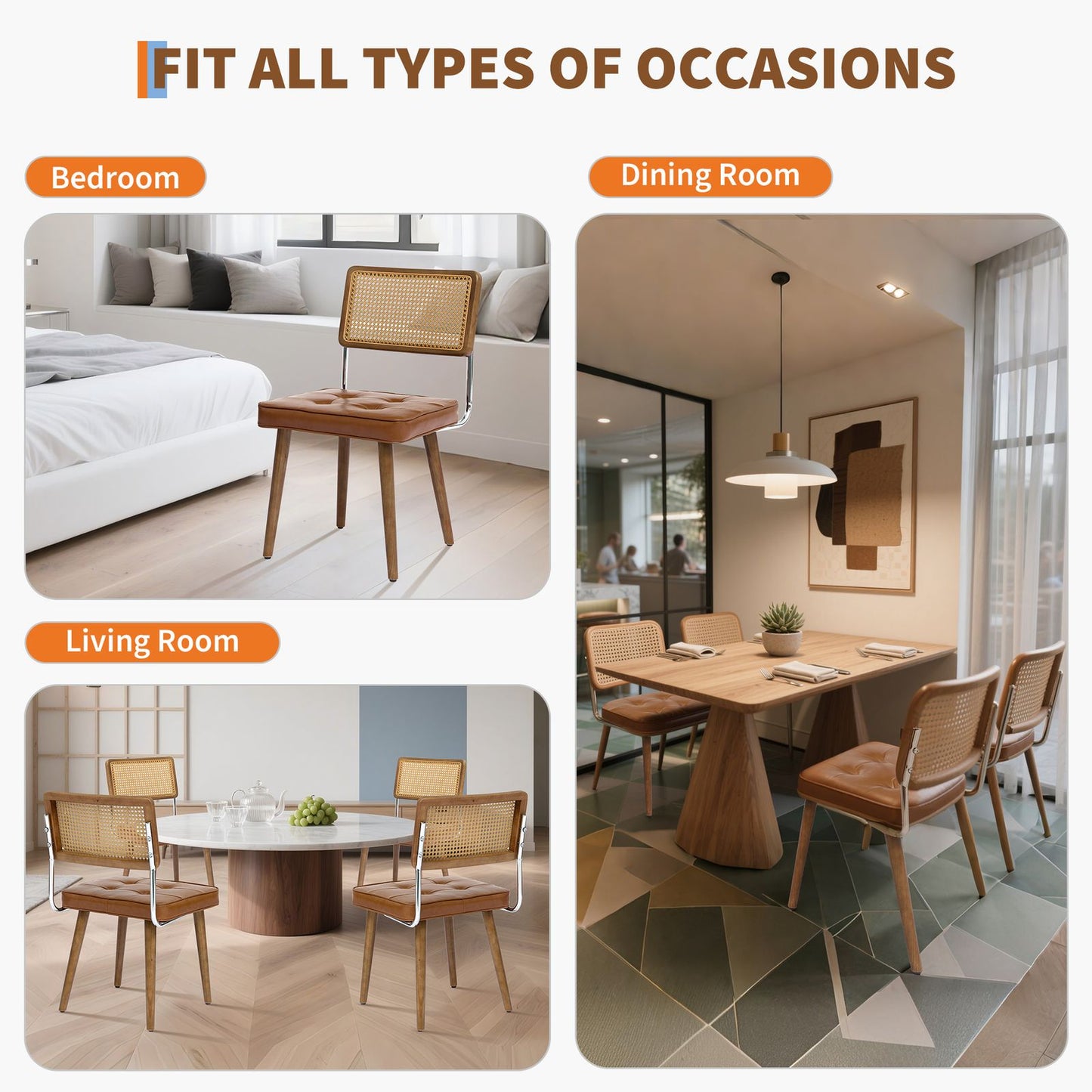 Eetkamerstoelen – Stoelen – Dining Chairs – Zetels – Zitmeubels – Set van 2 Zwarte Mid-Century Modern Boho Stoelen – Houten Frame Met Natuurlijke Rattan Rugleuning – Comfortabele Gestoffeerde Katoenzitting
