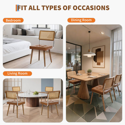 Eetkamerstoelen – Stoelen – Dining Chairs – Zetels – Zitmeubels – Set van 2 Zwarte Mid-Century Modern Boho Stoelen – Houten Frame Met Natuurlijke Rattan Rugleuning – Comfortabele Gestoffeerde Katoenzitting