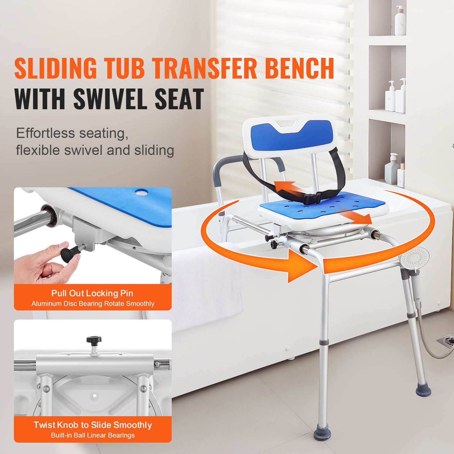 Douchekruk – Douchezitje – Badkruk – Badstoel – Badtransferbank – 360° Draaibare Zitting – Verstelbare Hoogte 52,5-69 cm – Draagvermogen 180 kg – Antislip Pootjes – Zijwaartse Schuiffunctie