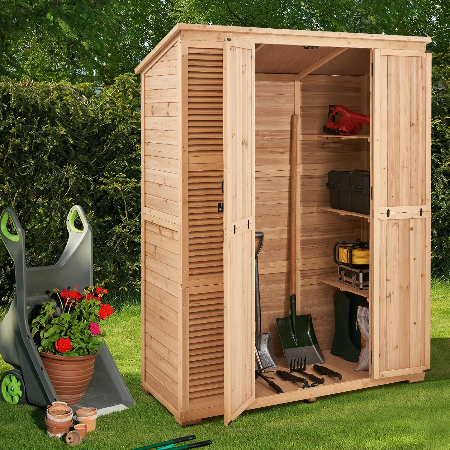 Houten Tuinkast – Buitenberging – Tuinberging – Tuinkast Opbergkast – Cederhout – Weerbestendig Dak – Grote Opbergruimte 147x198 cm