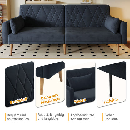 Slaapbank – Slaapsofa – Logeerbed – Bedbank – Bankbed – Verstelbare Rugleuning 3 Standen – Luxe Zachte Velvet Bekleding – Compact 2-Zits – Met Kussens En Zijvak – Zwart