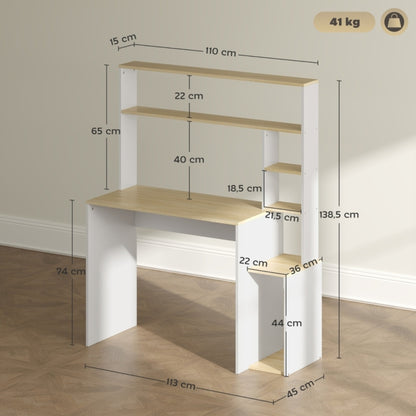 Bureau – Computerbureau – Werktafel – Studiebureau – Tafel – Wit Met Eikenhout – Met CPU-Standaard En Open Vakken – Stevig Stalen Frame