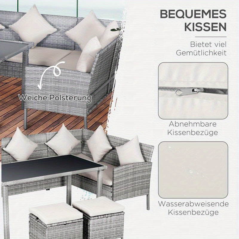 5-Tlg. Gartenmöbel Set, Rattan Sitzgruppe Mit Fußhocker, Metall, Grau, 142 X 60 X 75 Cm
