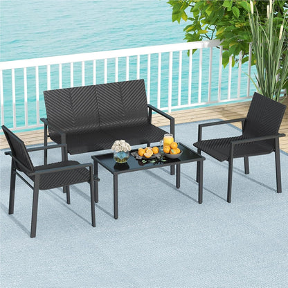 Polyrattan Tuinset – Tuinmeubelset – Loungeset – Buitenmeubelen – Patio Meubilair – 4-delig Zwart – Ergonomisch Design – Tempered Glas Tafel
