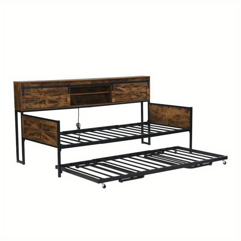 Slaapbank – Bedbank – Bankbed – Uitklapbank – 2-in-1 Sofa Bed – Zwart-Bruin – Met Opbergruimte Onder Zitting – Robuust Metaal-Hout Frame – Direct Gebruiksklaar Zonder Montage
