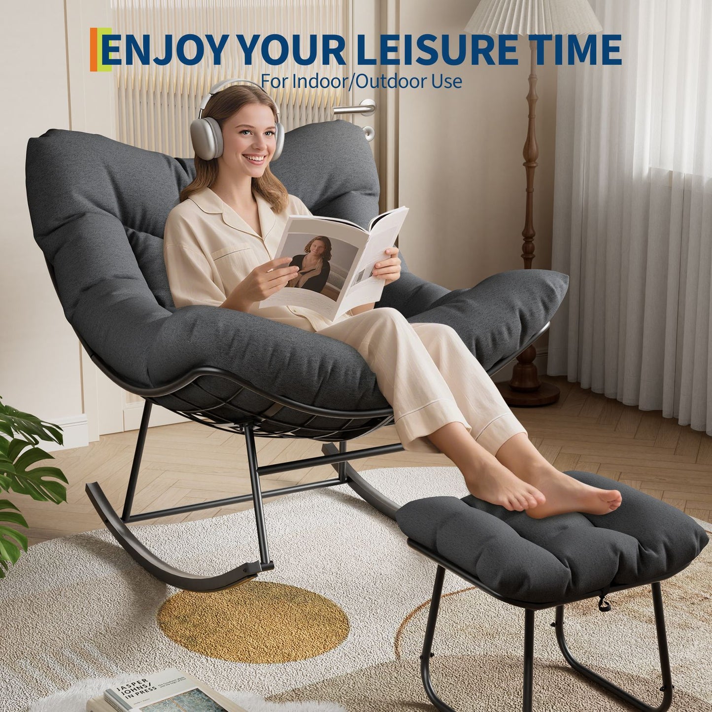 Grand Patio Outdoor Rocking Chair with Footstool | Modern Iron Frame, Polished Finish, Comfort Cushion, Spot-clean Care, Ideal for Balcony, Patio, Porch