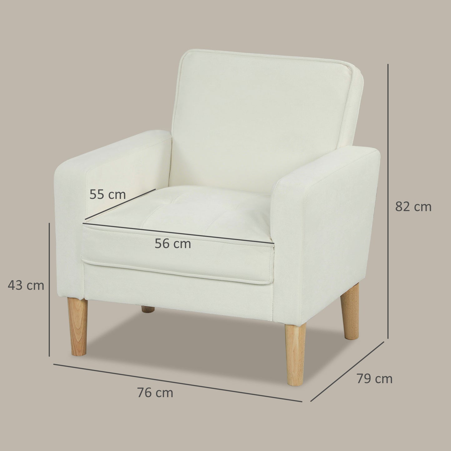 Fauteuil – Armstoel – Lounge Chair – Relaxstoel – Zitstoel – Crèmekleurige Bekleding – Verstelbare Rugleuning – Rubberwood Frame – Comfortabel & Duurzaam
