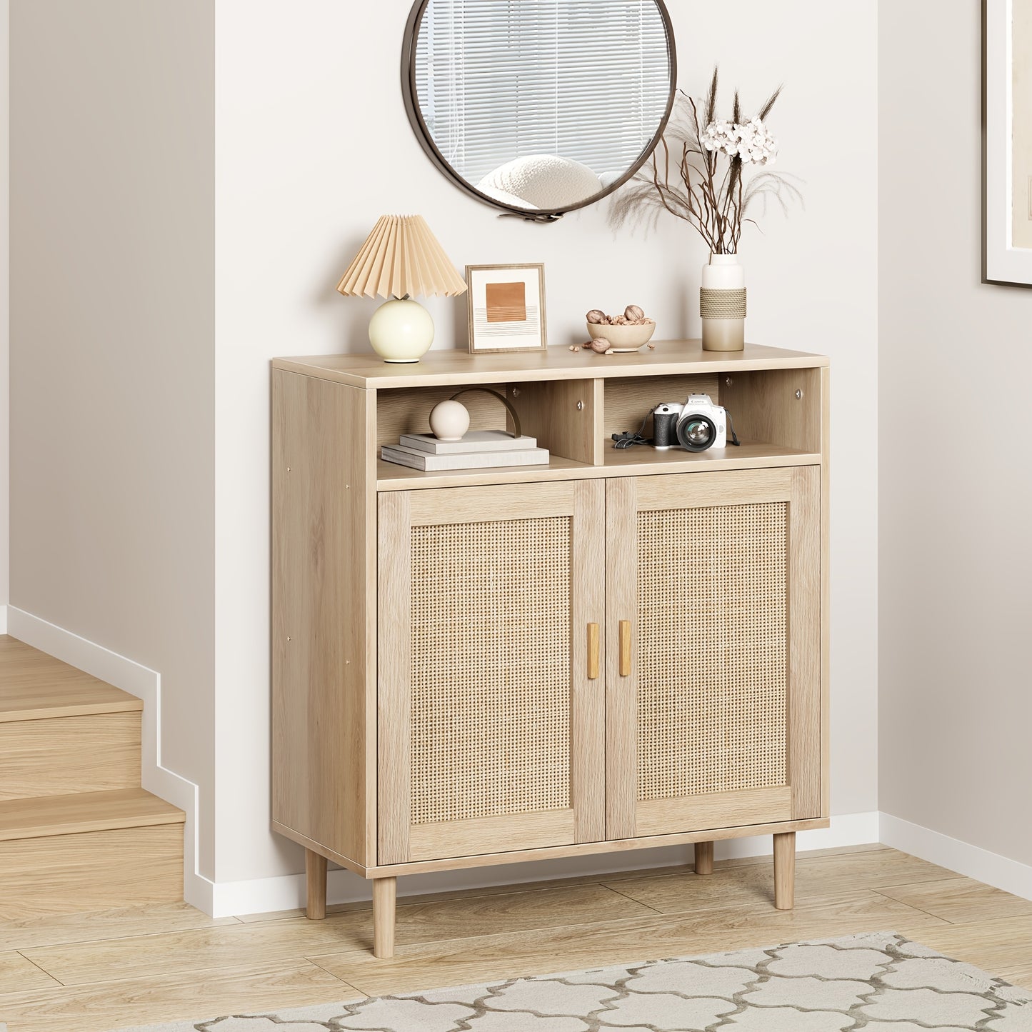 Dressoir – Opbergkast – Buffetkast – Sideboard – Dressoirkast – Rattan Deuren – Massief Houten Poten – 80x92x40 cm – 2 Open Planken