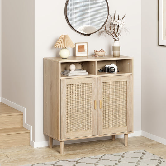 Dressoir – Opbergkast – Buffetkast – Sideboard – Dressoirkast – Rattan Deuren – Massief Houten Poten – 80x92x40 cm – 2 Open Planken