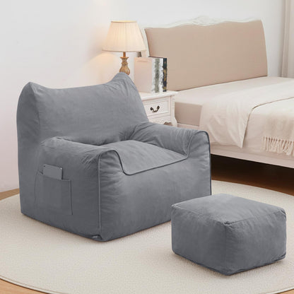Zitzak Volwassen – Zitzak Stoel – Lounge Stoel – Slaapkamerstoel – Relaxstoel – Met Voetsteun – Memory Foam Vulling – Wasbare Corduroy Hoes – Grijs
