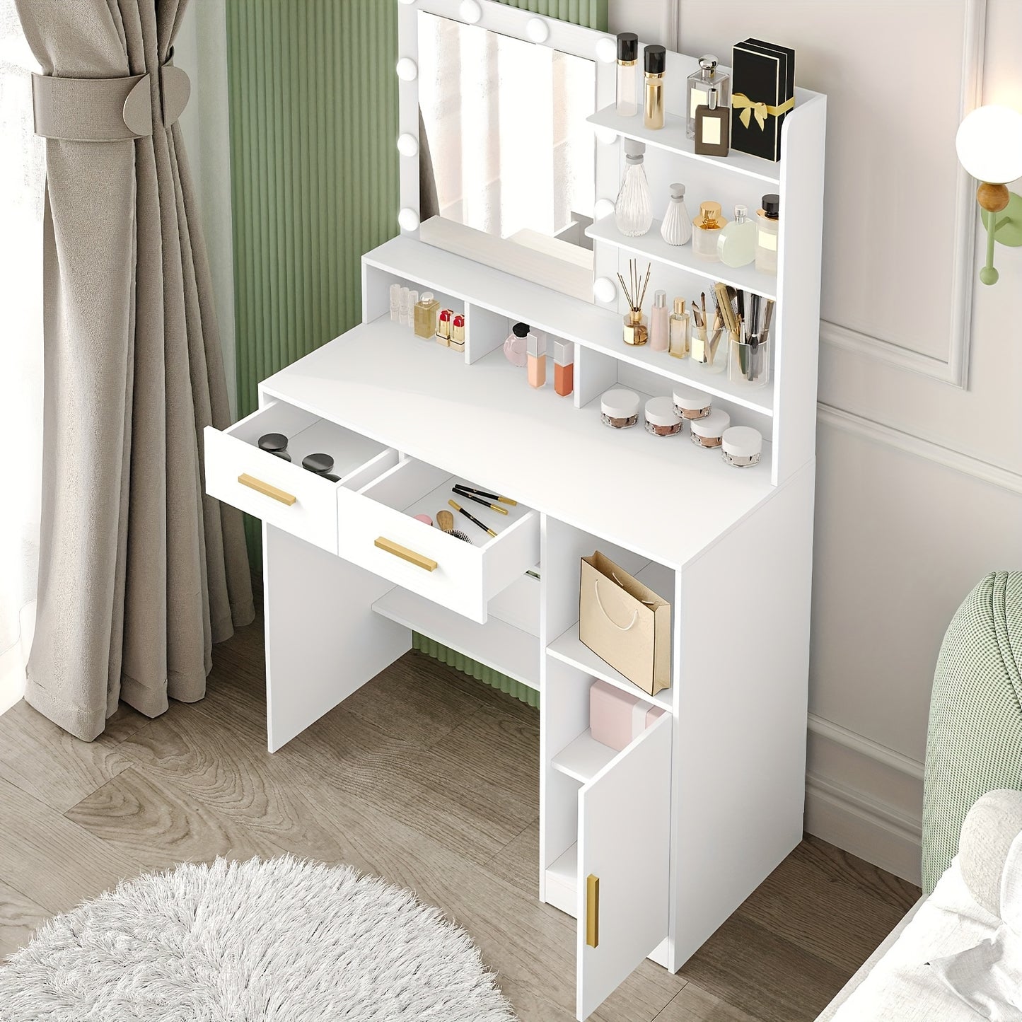 Kaptafel – Make-up Tafel – Vanity – Dressing Table – Cosmeticatafel – Met Spiegel en 10 LED Lampen – Verstelbare Helderheid – 2 Lades & 1 Kast – 3 Planken & 4 Open Vakken – Wit – MDF