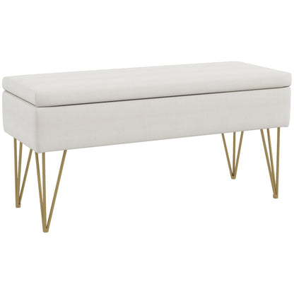Opbergbank – Bergbank – Opbergkist – Poef – Zitbank – Linnenstof Creme – Met Gouden Metalen Poten – 100x40x49 cm – Met Opbergruimte