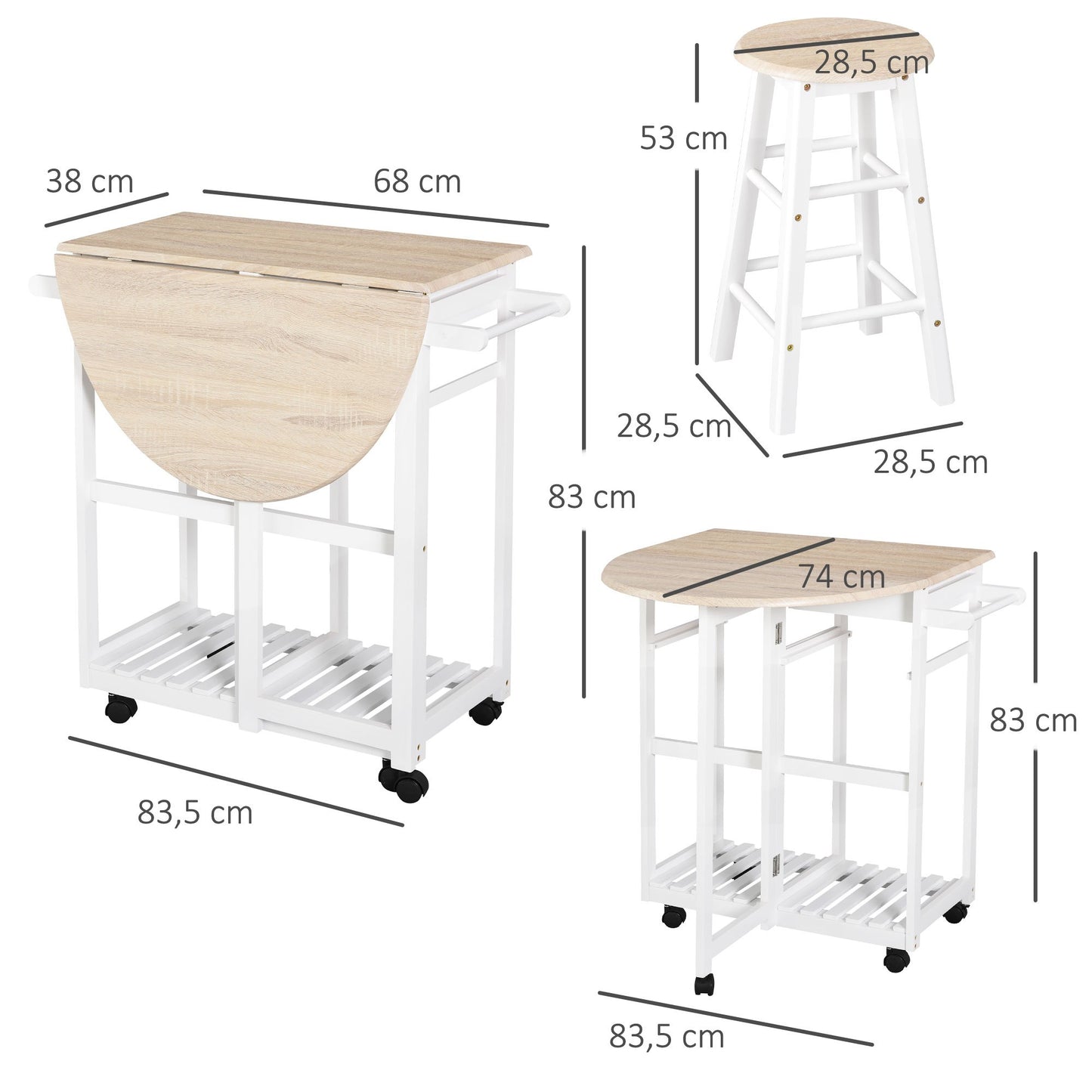 Bar Tafel Set – Barkrukset – Serveertafel – Bar Meubel – Keukentafel – Met Wielen En Opbergruimte – Pine MDF Wit Eiken – Compact En Mobiel