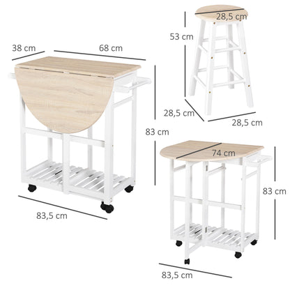 Bar Tafel Set – Barkrukset – Serveertafel – Bar Meubel – Keukentafel – Met Wielen En Opbergruimte – Pine MDF Wit Eiken – Compact En Mobiel