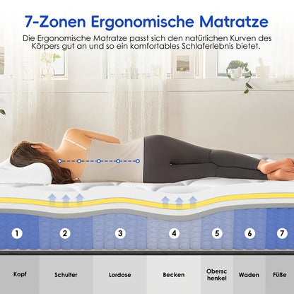 Pocketvering Matras – Ergonomisch Matras – 7-Zones Matras – Veermatras – Tijkmatras – 180x200x25 cm – Medium Stevig H3 – Hypoallergeen Katoen