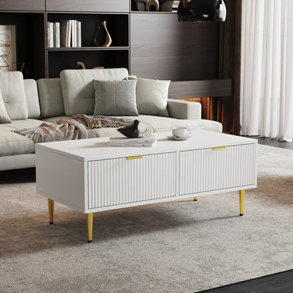 Modern White Metal Coffee Table with Golden Accents, 2 Drawers & Vertical Stripe Design - 100x50x40cm Contemporary Sofa Cabinet for Living Room, No Assembly Required, Coffee Table for Living Room, Decorative Accents, Sleek Fi