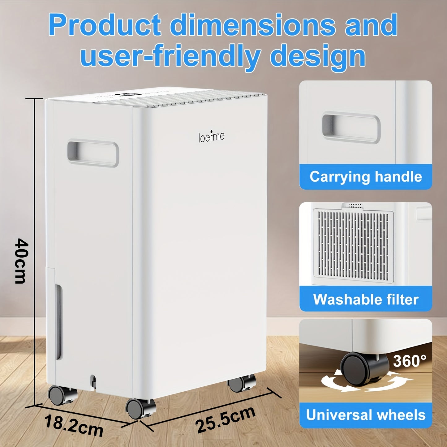 Luchtontvochtiger – Vochtvreter – Dehumidifier – Droger – Vochtopnemer – 8L per dag – Stil 40 dB met Timer en Continu Afvoer