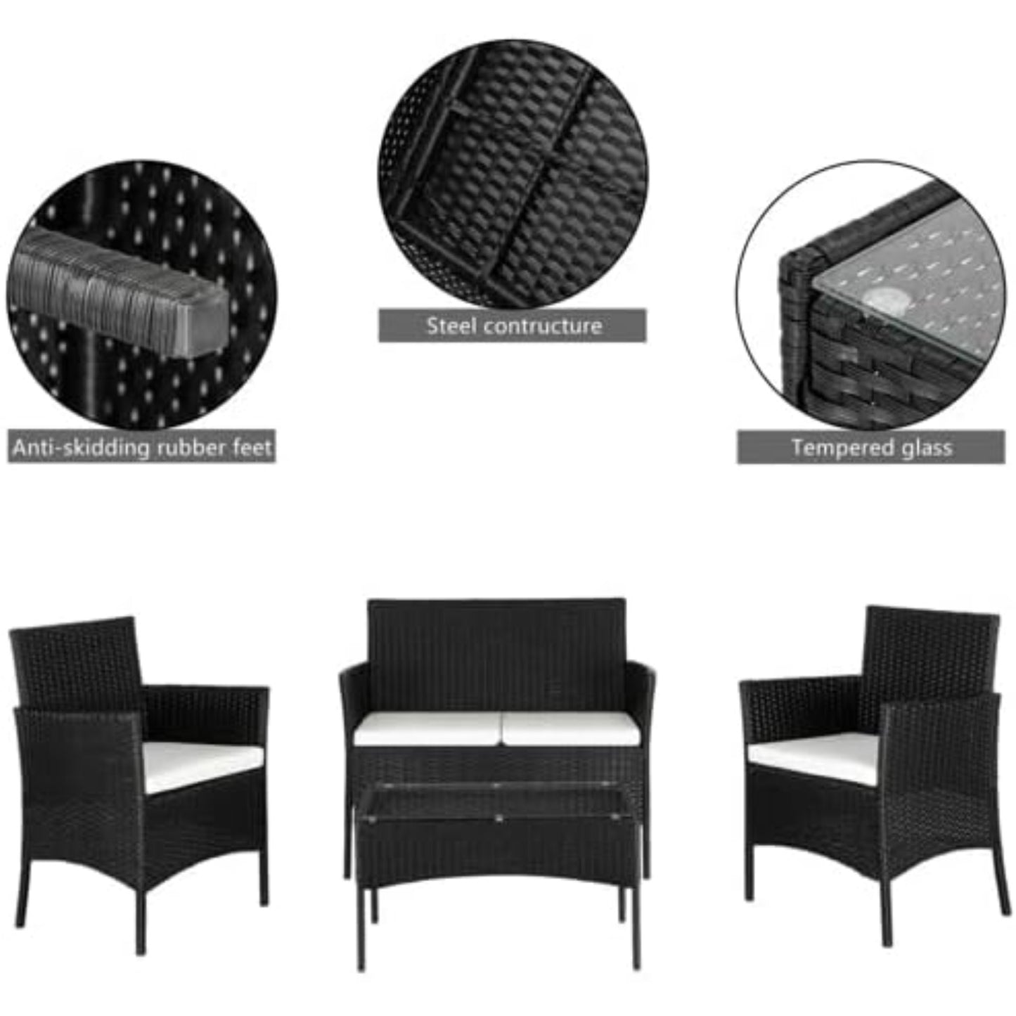 4-Persoons Tuinmeubelset – Buitenmeubelset – Loungeset – Balkonset – Rattan Zithoek – Weerbestendig PE-Rattan – Stevig Stalen Frame – Glazen Tafelblad