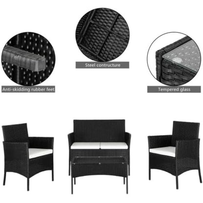 4-Persoons Tuinmeubelset – Buitenmeubelset – Loungeset – Balkonset – Rattan Zithoek – Weerbestendig PE-Rattan – Stevig Stalen Frame – Glazen Tafelblad
