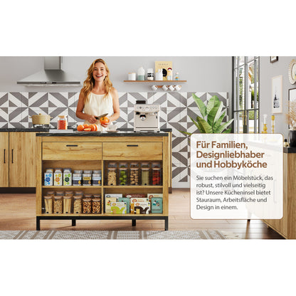 120×75×90cm, Country-Style Kitchen Island with 2 Drawers and 4 Open Shelves, Oak Grain Finish, Black Marble Countertop, Metal Frame, Kitchen Island With Seating, Kitchen Shelf Organizers And Storage, Island Table For Kitche