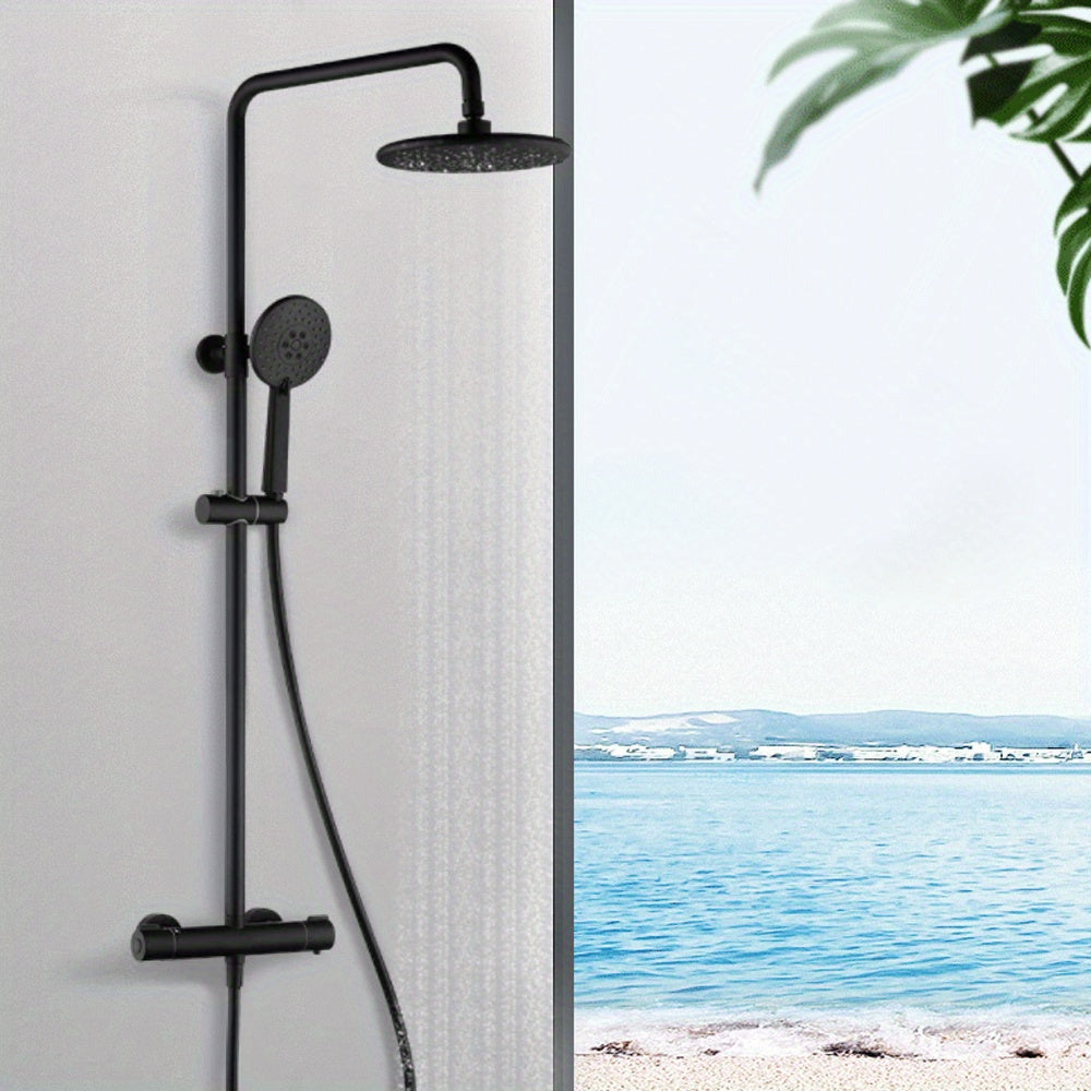Regendouche Set – Doucheset – Thermostatische Douche – Handdouche – Badkamerkraan – Mat Zwart – Constante Temperatuur – Krasbestendig & Duurzaam Materiaal