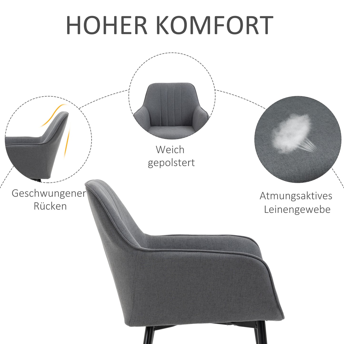 Eetkamerstoel – Stoel – Kuipstoel – Woonkamerstoel – Keukenstoel – Gevoerde Zitting – Donkergrijze Linnen Bekleding