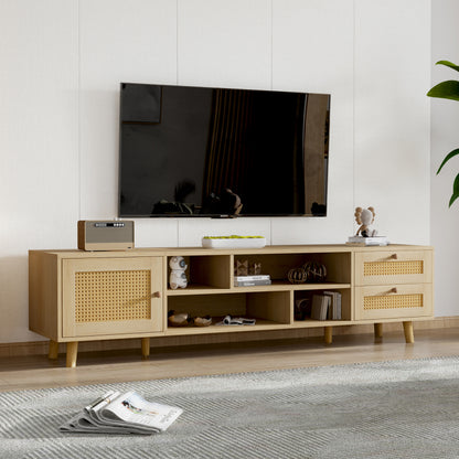 TV-kast – TV Meubel – TV Dressoir – TV Cabinet – Mediamöbel – Voor Grote Televisies Tot 70 Inch – Verstelbare Poten & Kabelmanagement – Duurzaam Spaanplaat En Riet Design (160 cm)