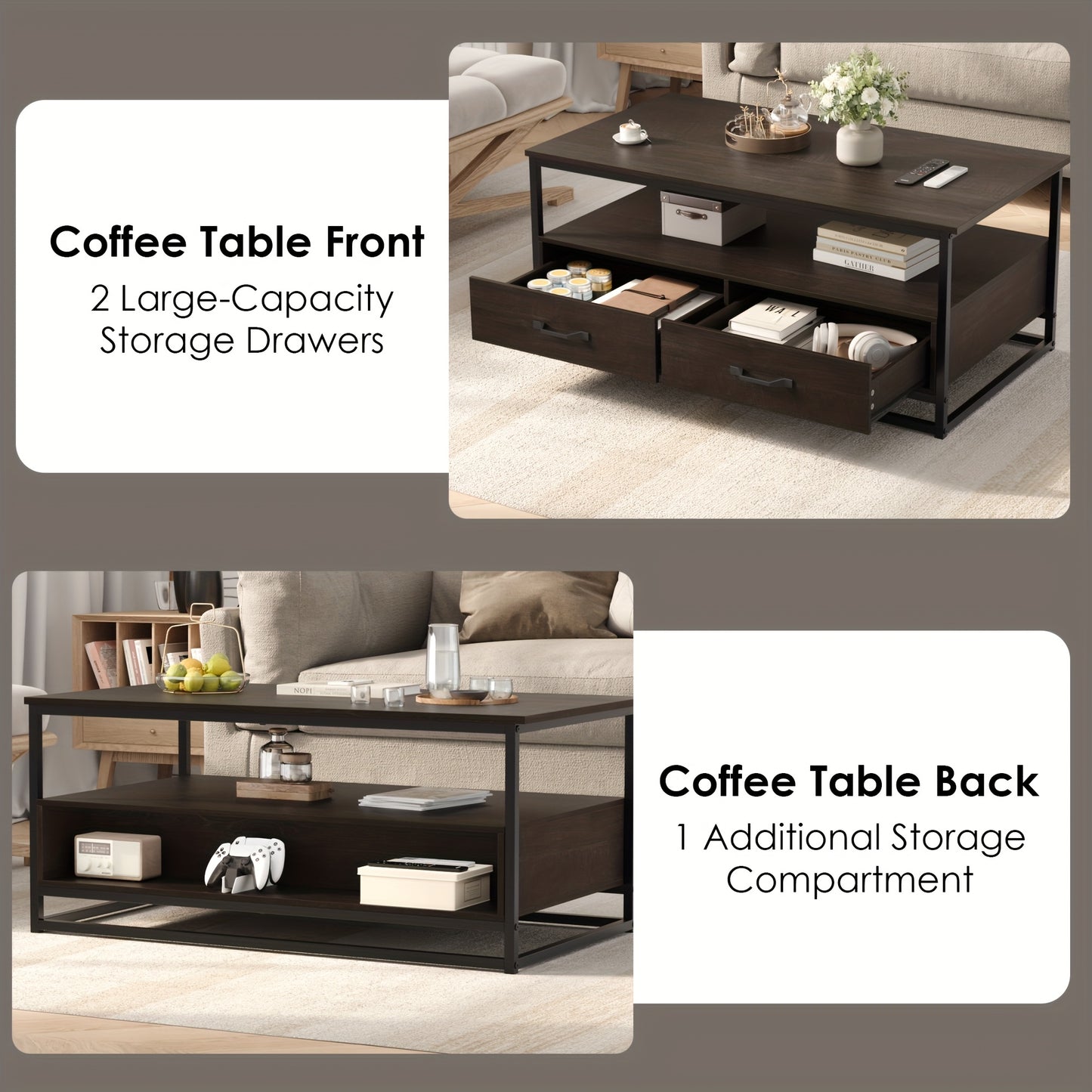 Salontafel – Koffietafel – Bijzettafel – Houten Tafel – Vintage Tafel – Metaal En Hout – 105x58x48 cm – 2 Lades En Open Plank