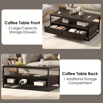 Salontafel – Koffietafel – Bijzettafel – Houten Tafel – Vintage Tafel – Metaal En Hout – 105x58x48 cm – 2 Lades En Open Plank