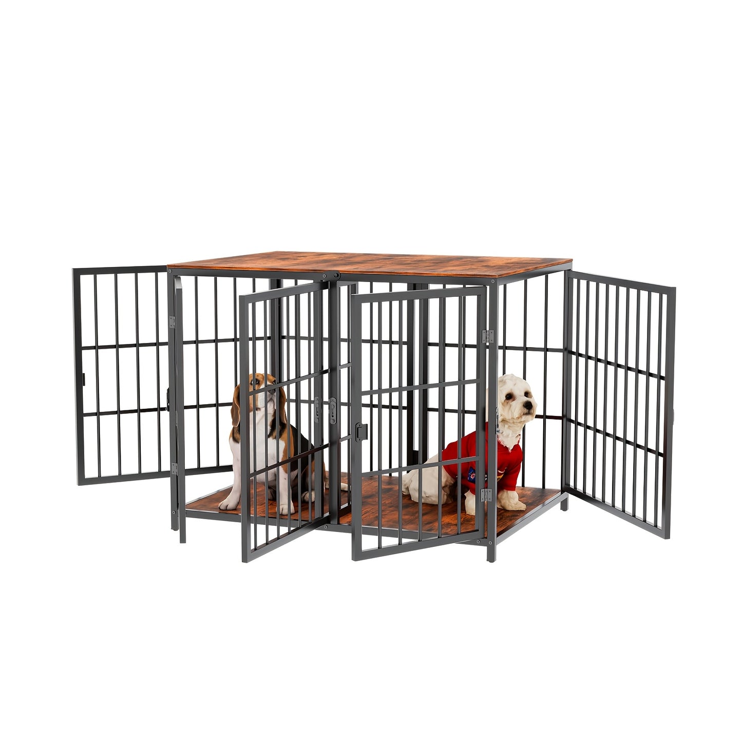 Hondenbench – Hondenkooi – Hondenmand – Puppyren – 90x62x68,5 CM – Stevig IJzeren Frame Met Houten Afwerking – Vier Deuren Met Tussenschot