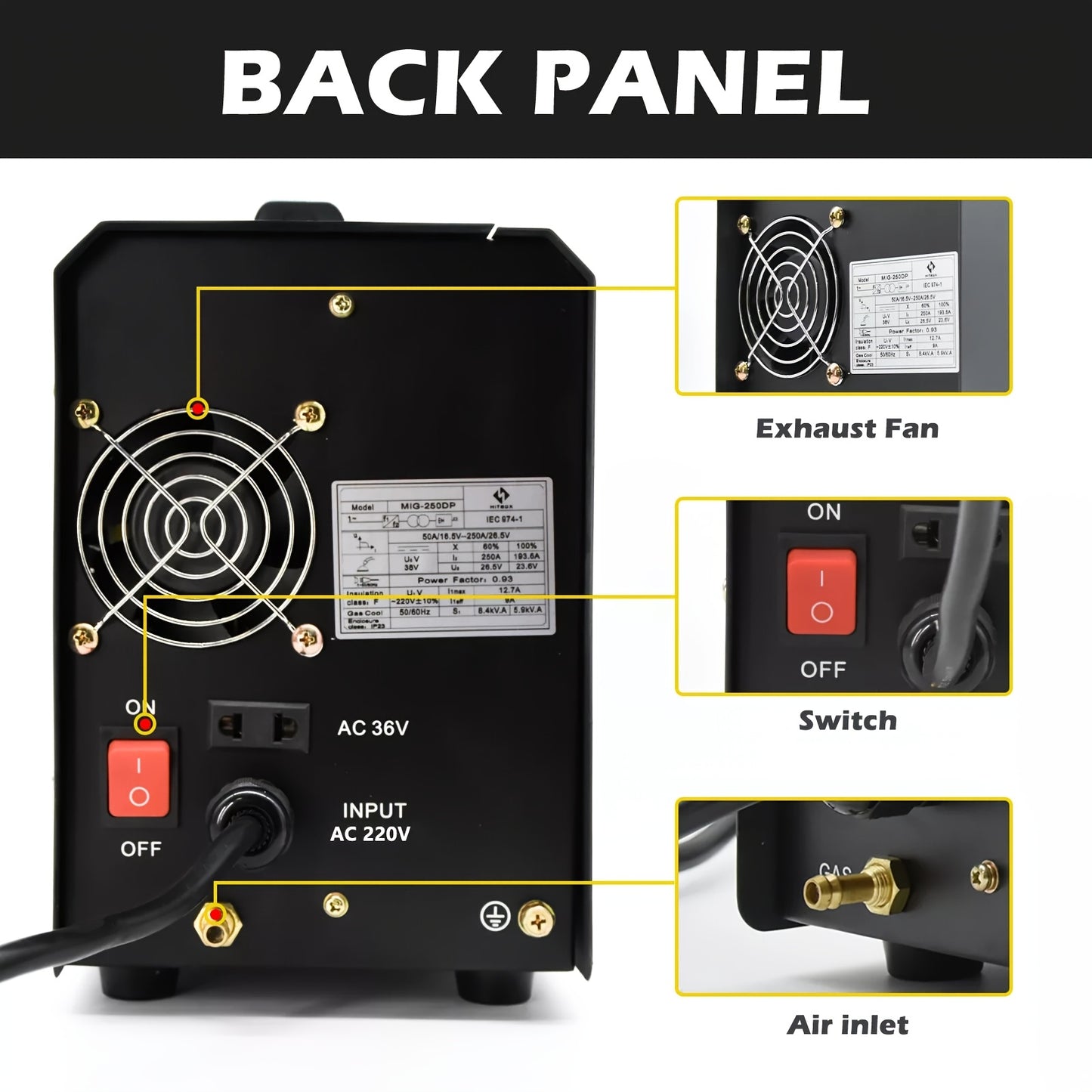 Multi-functional welding machine HITBOX MIG, 5-in-1 welding machine 250 A with MIG gas/MIG gasless/MMA/LIFT TIG for aluminum welding, MIG MAG welder, MIG250DP