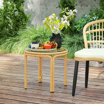 Bijzettafel – Bijzettafeltje – Nachtkastje – Salontafel – Side Table – Ronde Polyrattan Tafel – Veiligheidsglas – 50 cm Ø – Geel