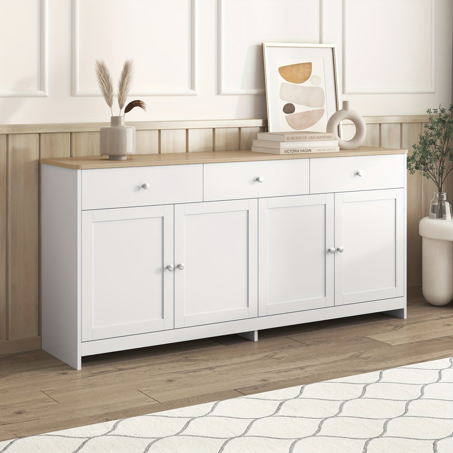Sideboard, Sideboard, Organiser, Four Doors with Three Drawers, for Living And Dining Room. White, 160*37*75 Cm