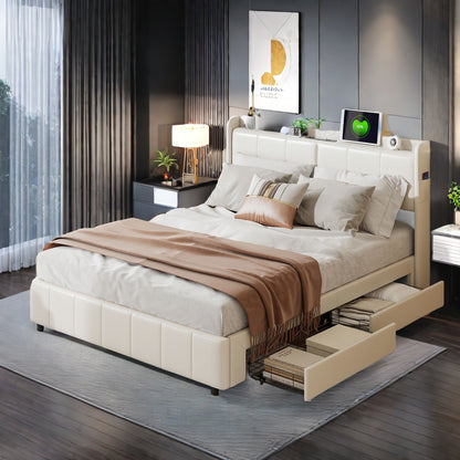 Tweepersoonsbed – Bed Met Opbergruimte – Opbergbed – Led Bed – Slaapkamerbed – 160x200 cm – PU Leder – Met USB Oplaadpunten