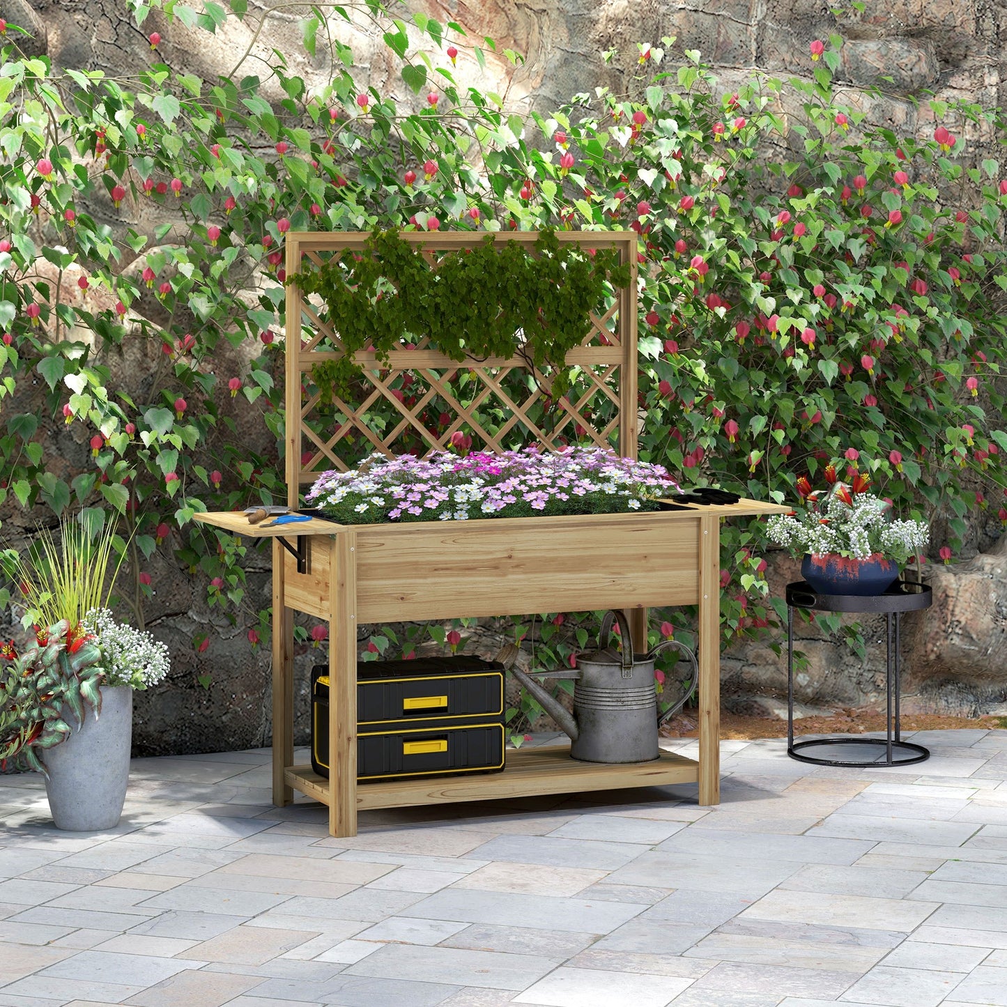 Plantenbak – Bloembak – Moestuinbak – Kweekbak – Verhoogde Bak – Hout – Met Trellis – 140x45x151 cm – Op Poten