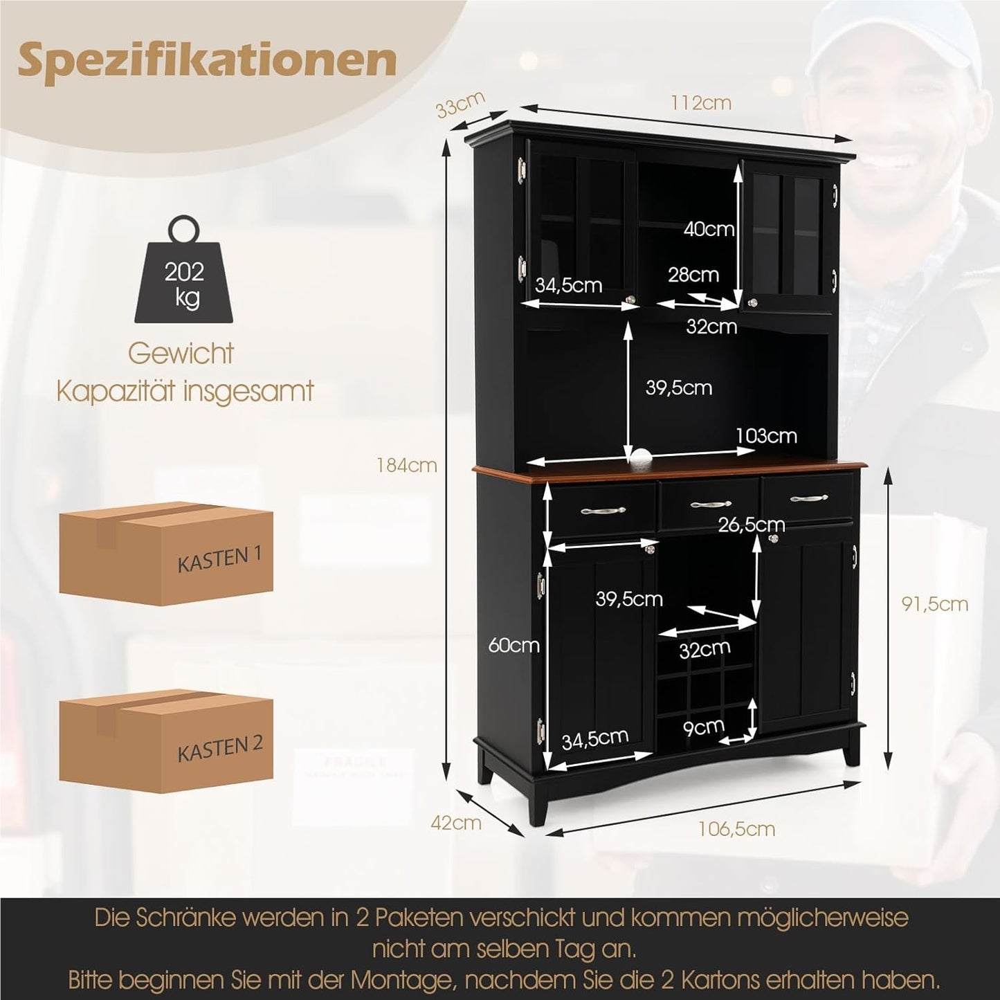 Keukenkast – Keukenbuffet – Kast – Dressoir – Opbergkast – Zwart – 3 Laden En Verstelbare Planken – Wijnrek En Open Schappen – 112x43x184,5 cm