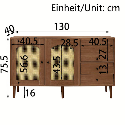 Rustic Sideboard With Rattan Doors - 130 X 75.5 X 40 Cm - Magnetic Suction Cups, Adjustable Shelves, Solid Structure - Elegant And Versatile Design, Storage Drawer Units