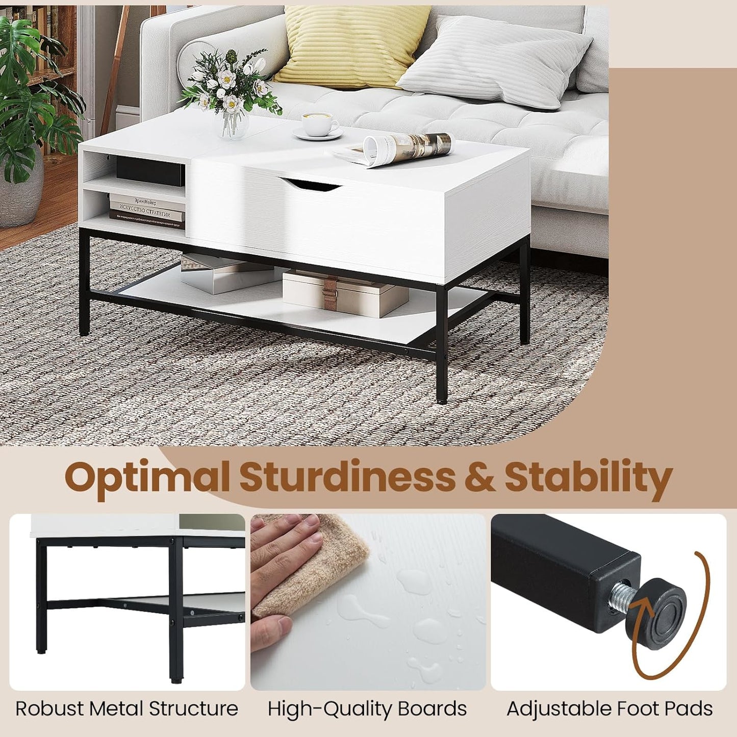 Verhoogbare Salontafel – Koffietafel – Tafel met Opbergruimte – Opklapbare Tafel – Lifting Tafel – Verwijderbare Plank – Verborgen Vak – Hoogwaardig MDF & Metaal