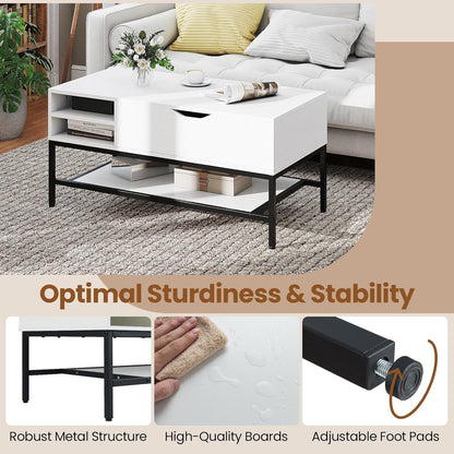 Verhoogbare Salontafel – Koffietafel – Tafel met Opbergruimte – Opklapbare Tafel – Lifting Tafel – Verwijderbare Plank – Verborgen Vak – Hoogwaardig MDF & Metaal