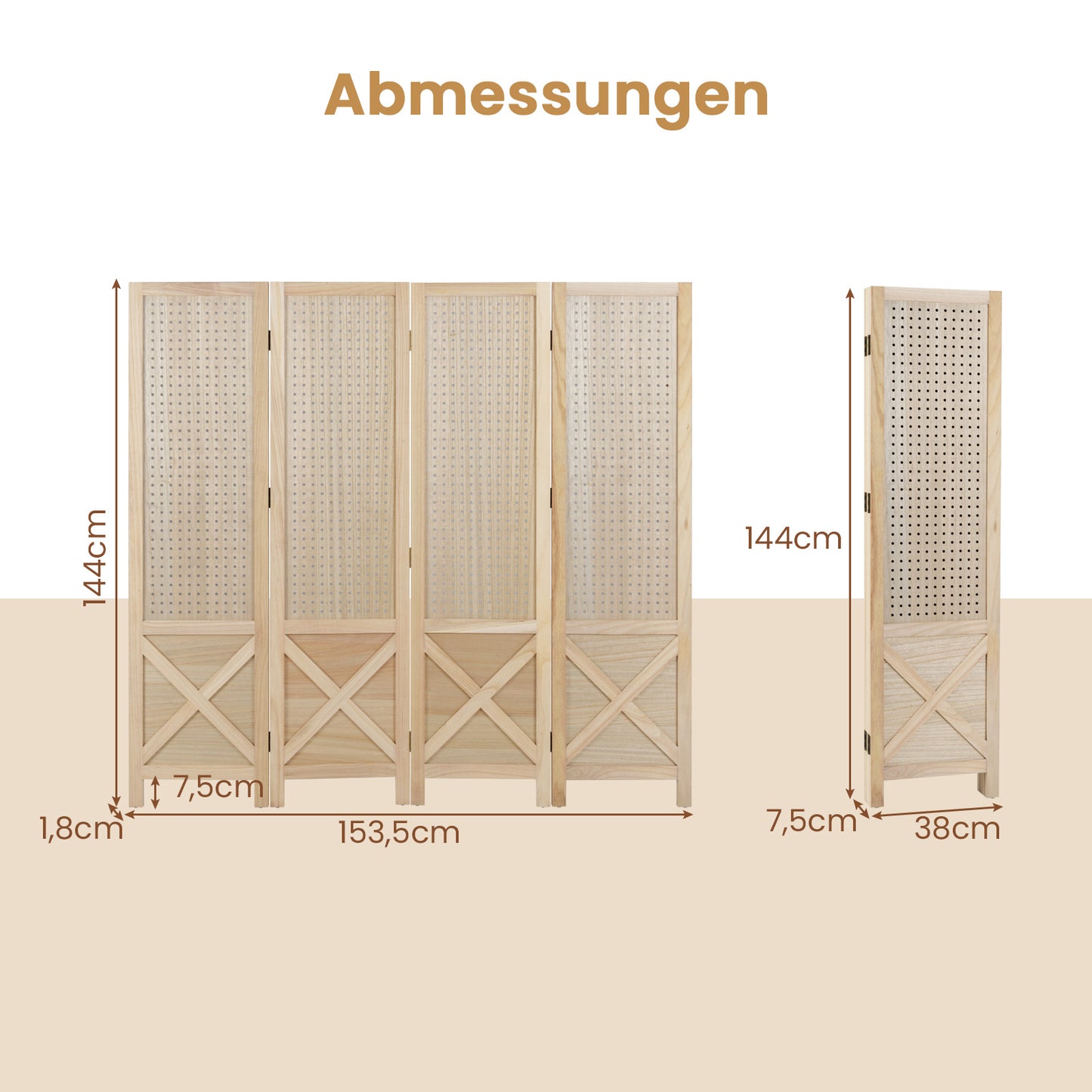 Kamerscherm – Roomdivider – Scheidingswand – Paravent – Privacyscherm – Hout – 4 Panelen – Inklapbaar & Pegboard
