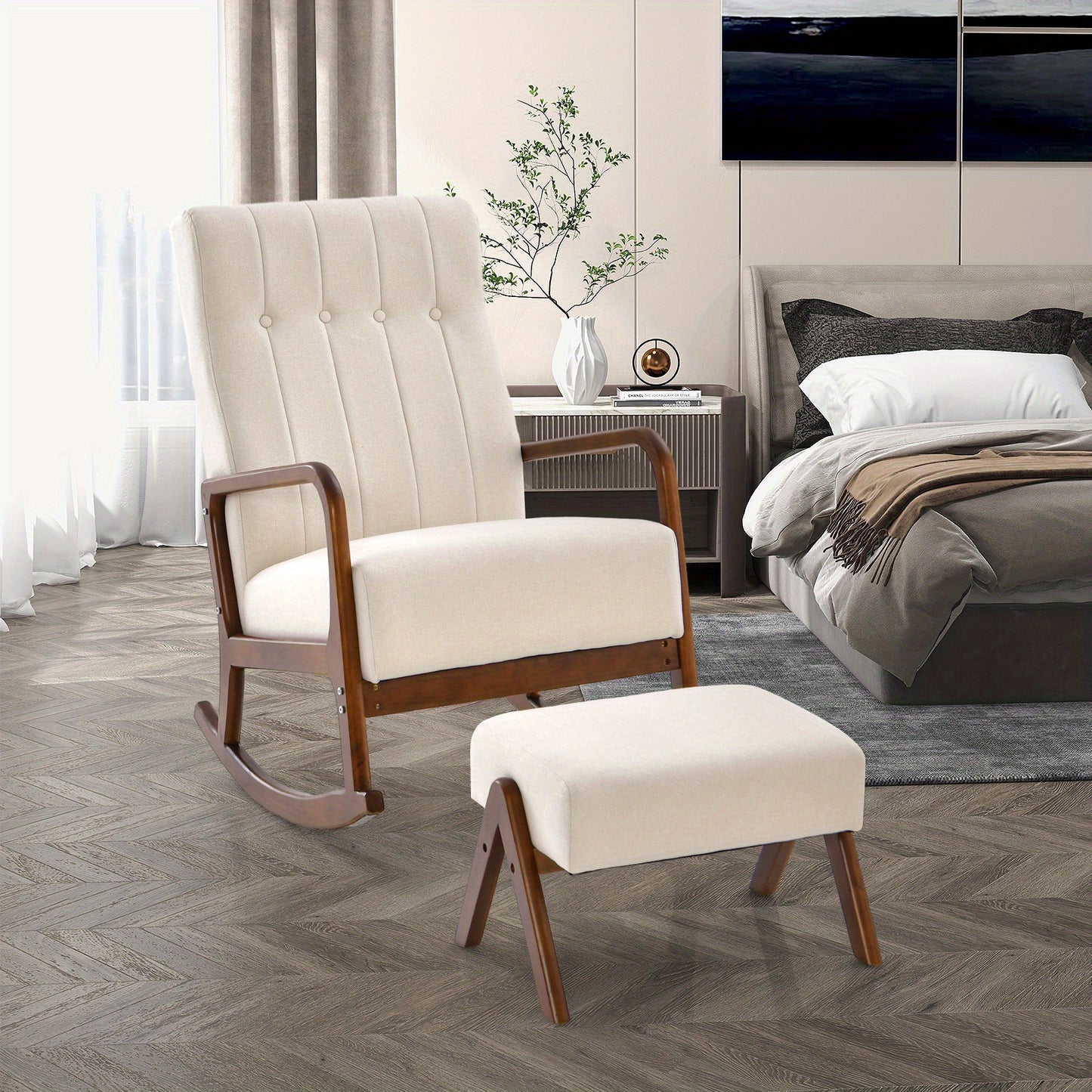 Schommelstoel Met Hocker – Rocking Chair – Relaxstoel – Lounge Stoel – Stoel Met Voetensteun – Wit Katoen Linnen – Ergomisch Design – Houten Frame